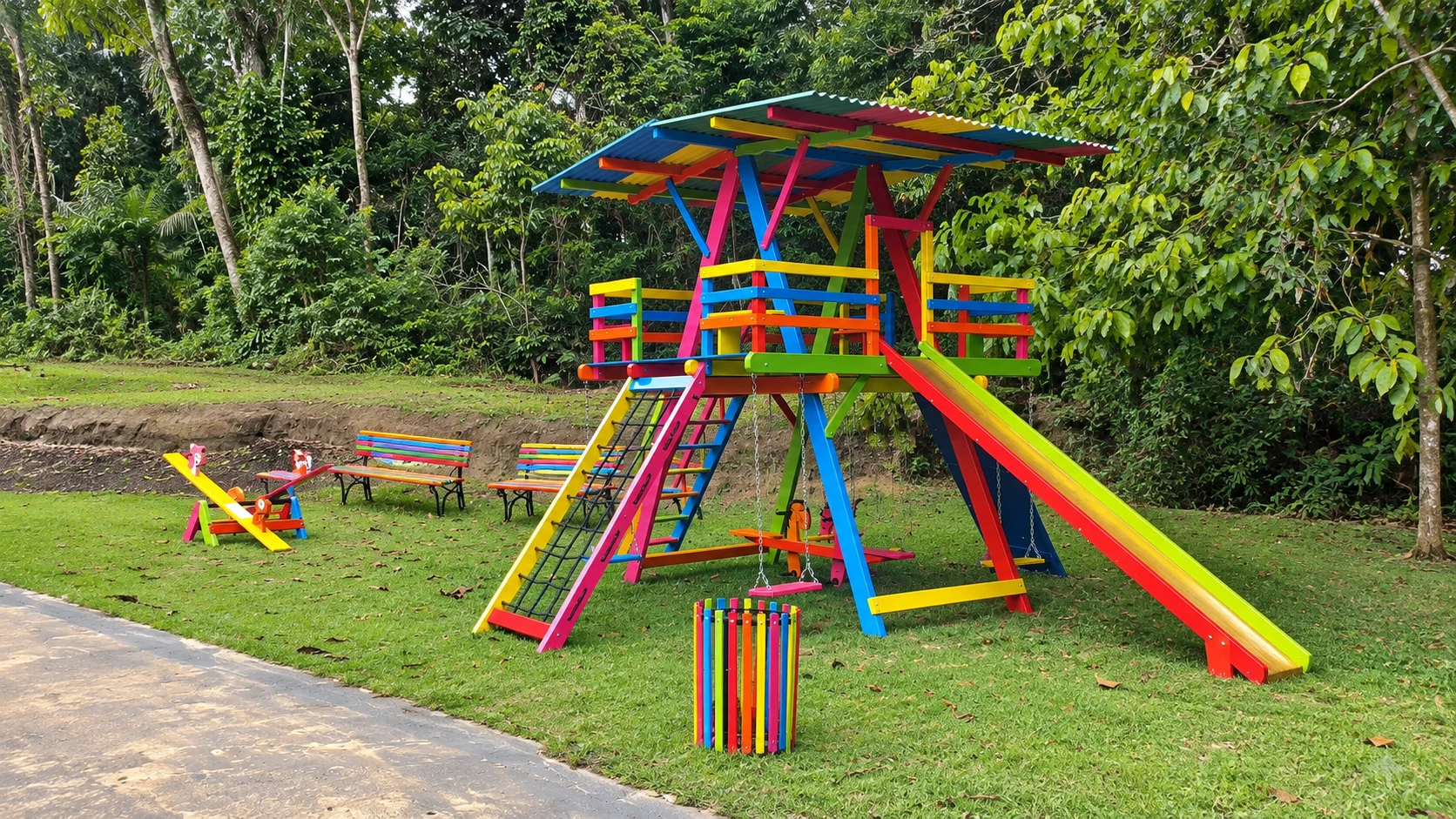 Parquinho com brinquedos coloridos em meio às árvores, ao lado do salão do Recanto