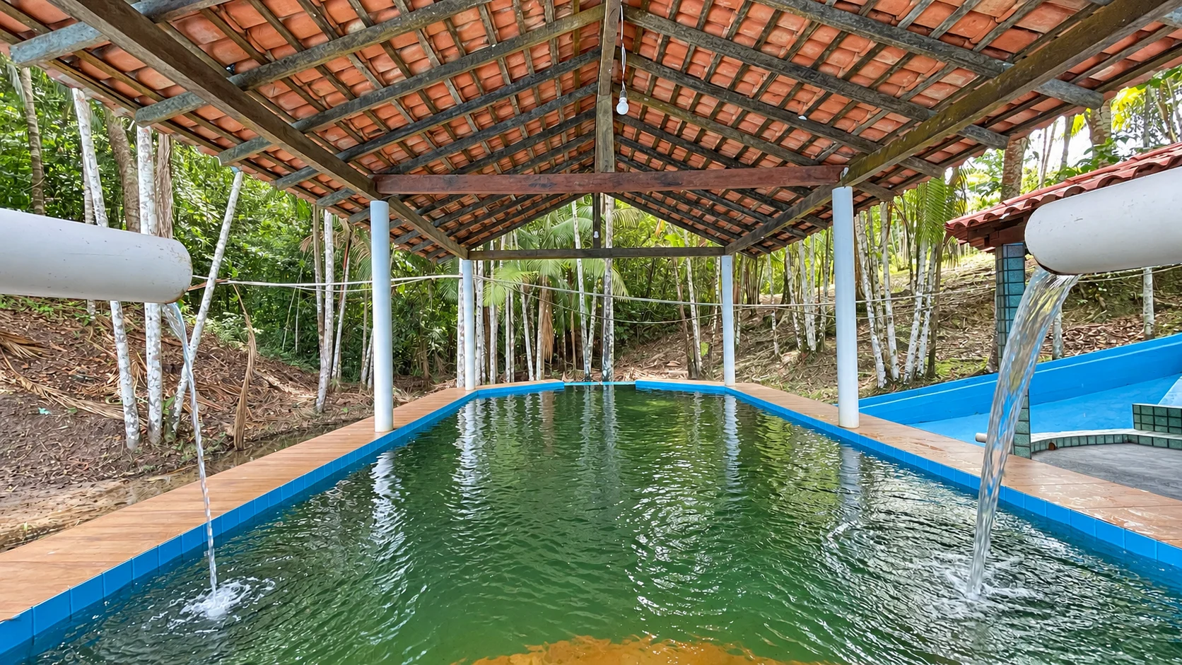 Piscina natural coberta, cercada por árvores e com quedas d’água